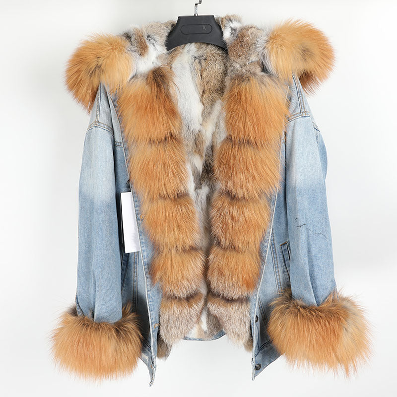 Nine Seven Fox Fur Collar Rabbit Inner Women's Winter Jeans Jacket Parka Coat Customization