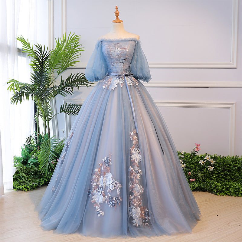 Nine Seven Women's Off Shoulder Lace Up Ball Grown Evening Party Princes Blue Dress