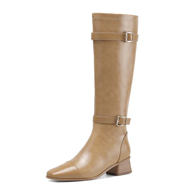 Nine Seven Women's Square Toe Genuine Leather Handmade Zipper Chunky Heels Trendy Knee High Boots with Buckles