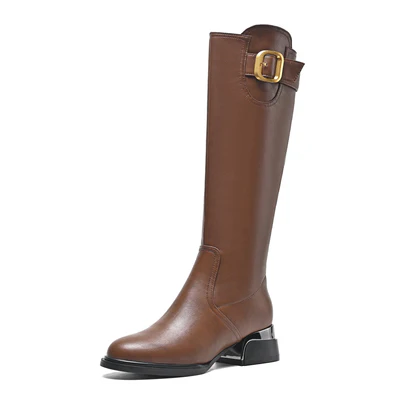 Nine Seven Women's Round Toe Genuine Leather Handmade Side Zipper Low Chunky Heels Casual Knee High Boots with Buckle