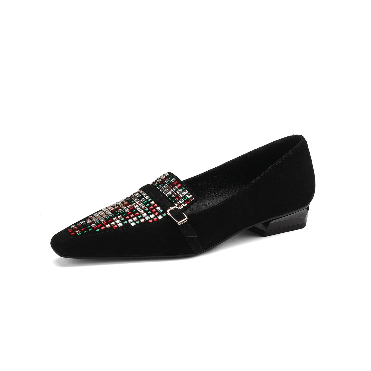 Nine Seven Handmade Women's Genuine Leather Colorful Rhinestones Slip On Square Toe Flats Loafer Shoes