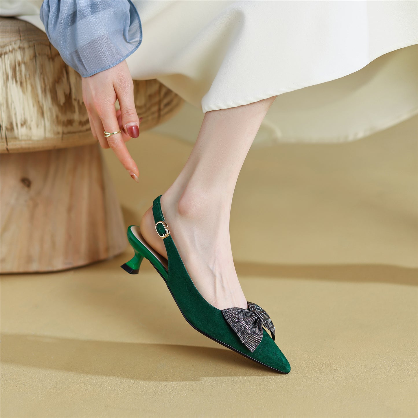 Nine Seven Women's Pointed Toe Suede Leather Handmade Buckle Cute Kitten Heels Slingbacks with Bowknot