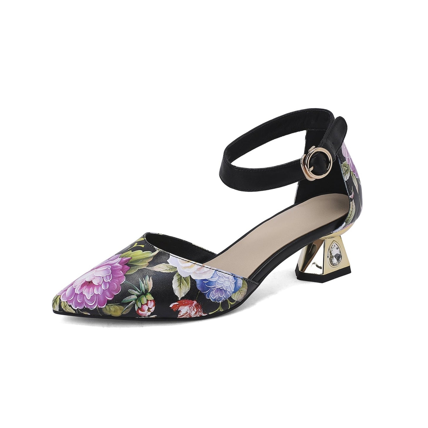 Nine Seven Women's Pointed Toe Flower Print Genuine Leather Handmade Buckle Low Chunky Heel Sandal Pumps