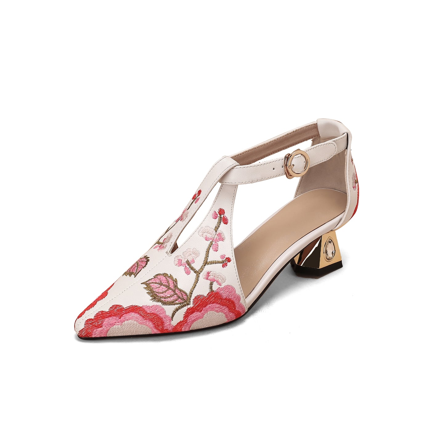 Nine Seven Women's Pointed Toe Emboidered Floral Print Genuine Leather Handmade Buckle Low Chunky Heel Sandal Pumps