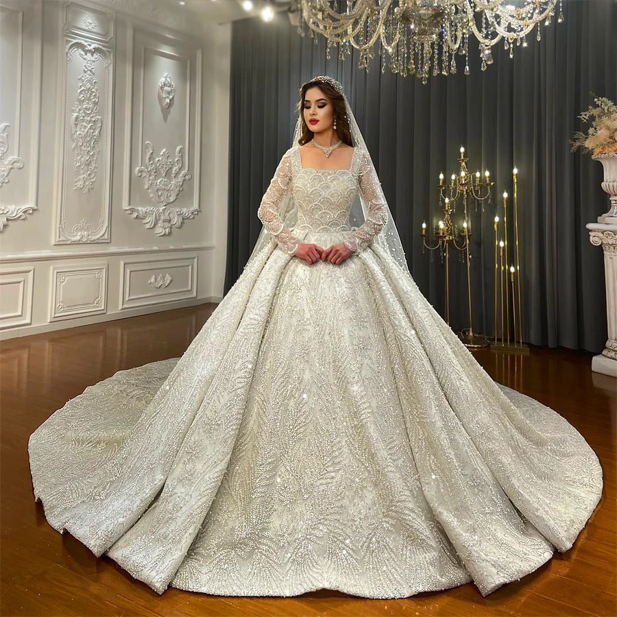 Nine Seven Long Sleeves Square Neck Sparkly Sequin Ball Grown Wedding Dress Customization