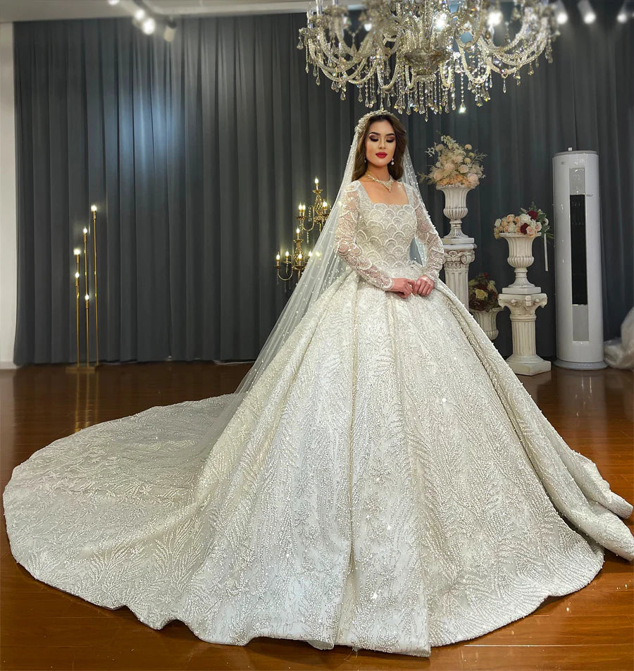 Nine Seven Long Sleeves Square Neck Sparkly Sequin Ball Grown Wedding Dress Customization