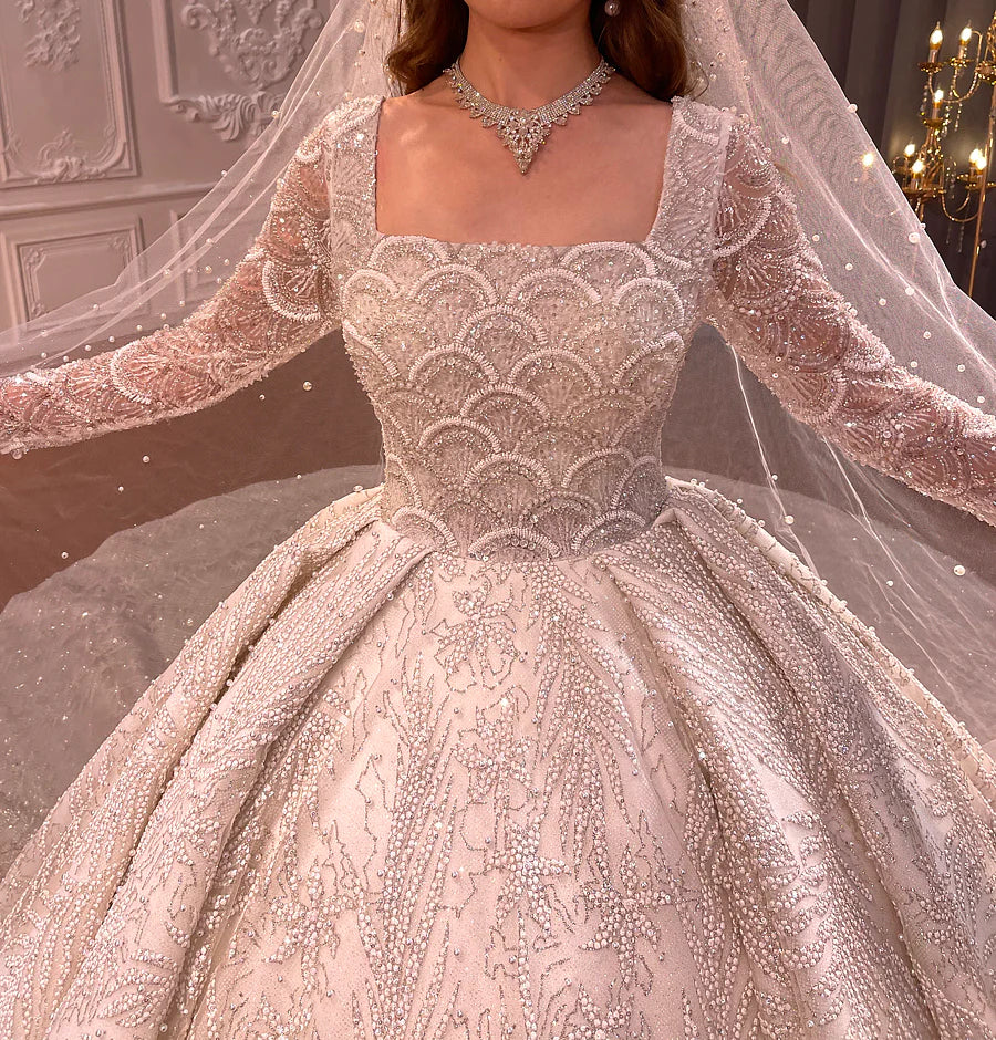 Nine Seven Long Sleeves Square Neck Sparkly Sequin Ball Grown Wedding Dress Customization