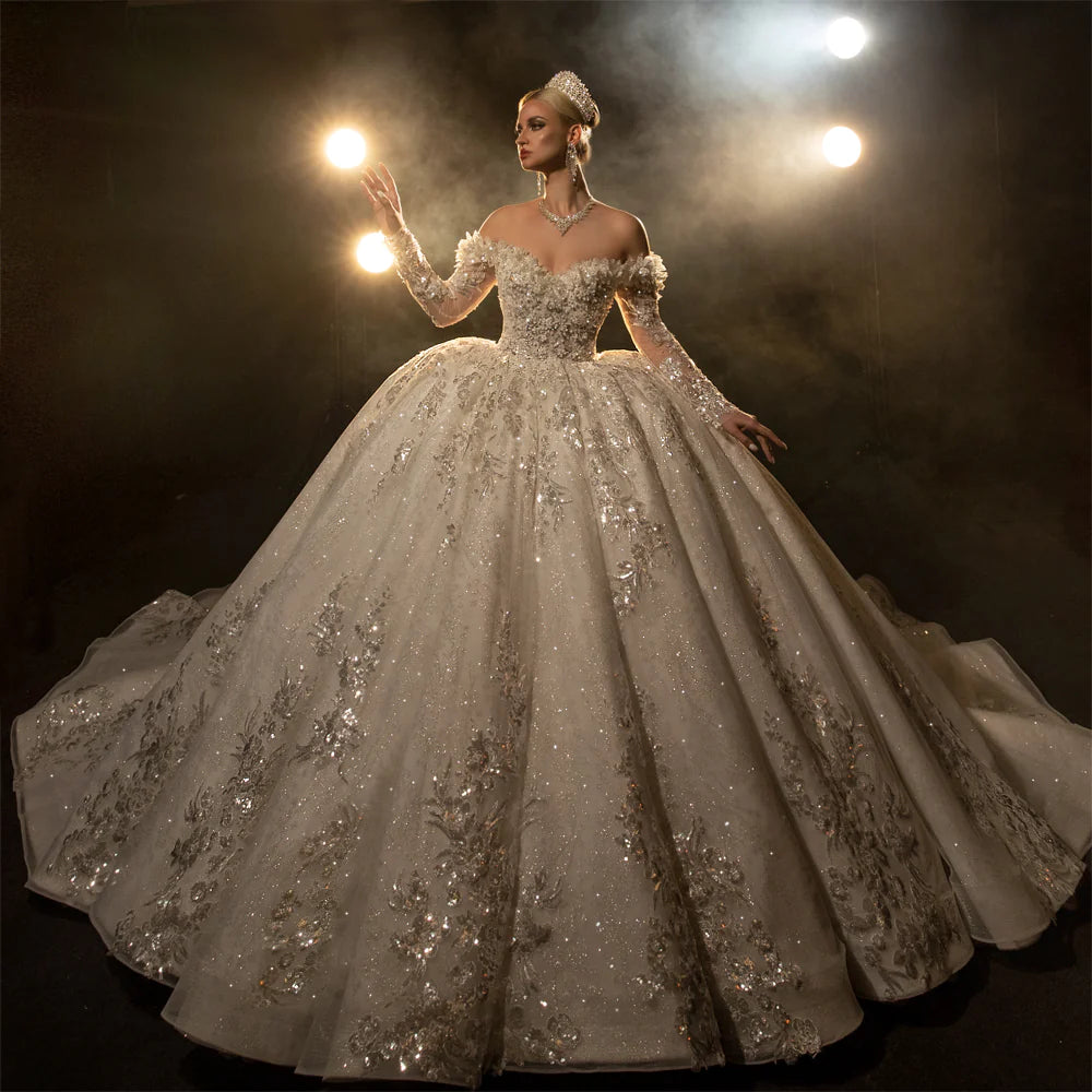 Nine Seven Off Shoulder Long Sleeves Sparkly Sequin Appliques Bridal Ball Grown Wedding Dress Customization