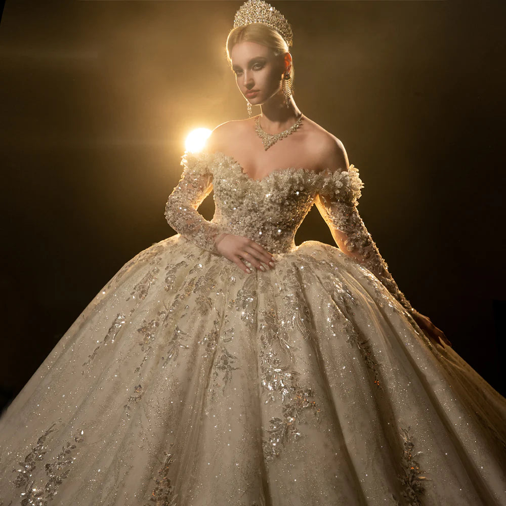 Nine Seven Off Shoulder Long Sleeves Sparkly Sequin Appliques Bridal Ball Grown Wedding Dress Customization