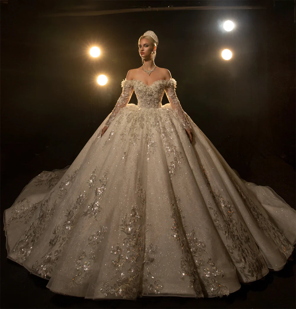 Nine Seven Off Shoulder Long Sleeves Sparkly Sequin Appliques Bridal Ball Grown Wedding Dress Customization