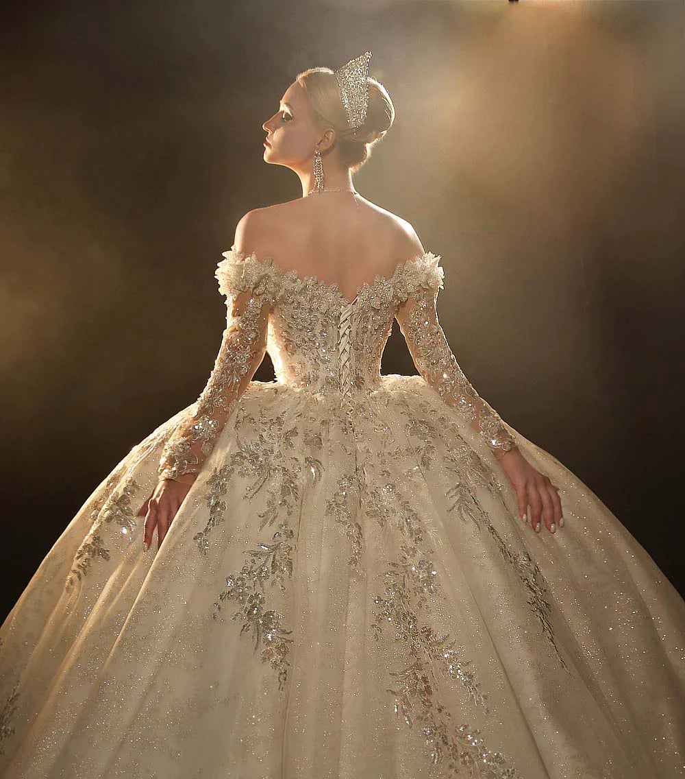 Nine Seven Off Shoulder Long Sleeves Sparkly Sequin Appliques Bridal Ball Grown Wedding Dress Customization