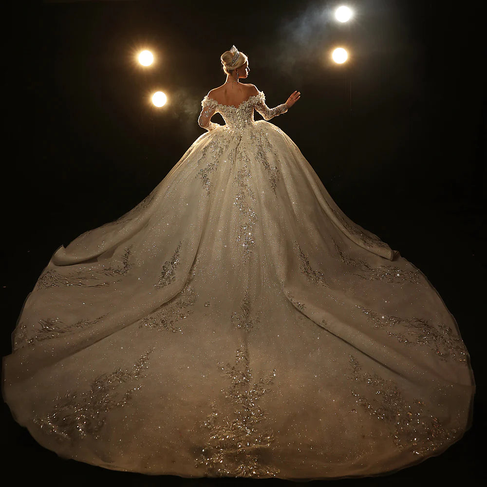 Nine Seven Off Shoulder Long Sleeves Sparkly Sequin Appliques Bridal Ball Grown Wedding Dress Customization