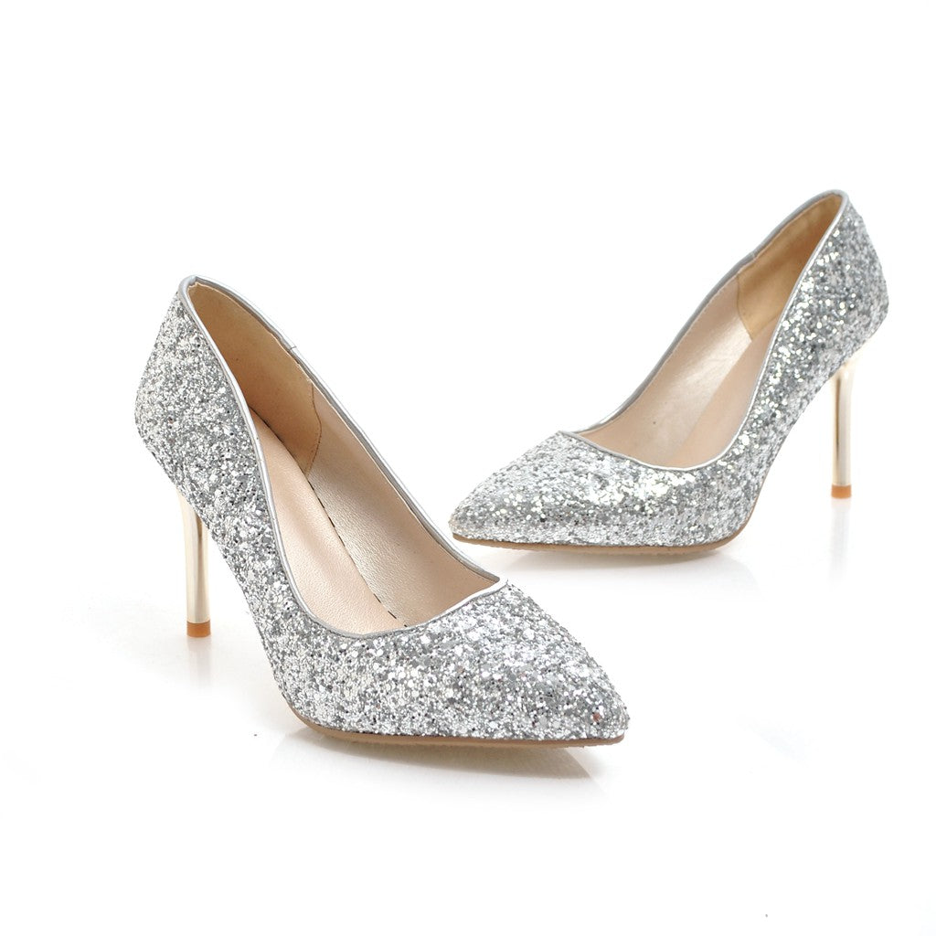 Nine Seven Women's Pointed Toe Handmade High Stiletto Heel Glitter Weeding Party Loafer Pumps Shoes