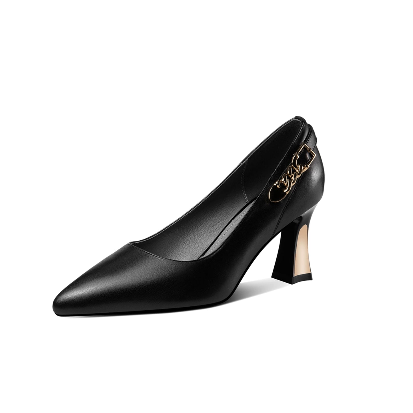 Nine Seven Genuine Leather Women's Handmade Pointed Toe Metal Chain Decor Mid Heel Pumps