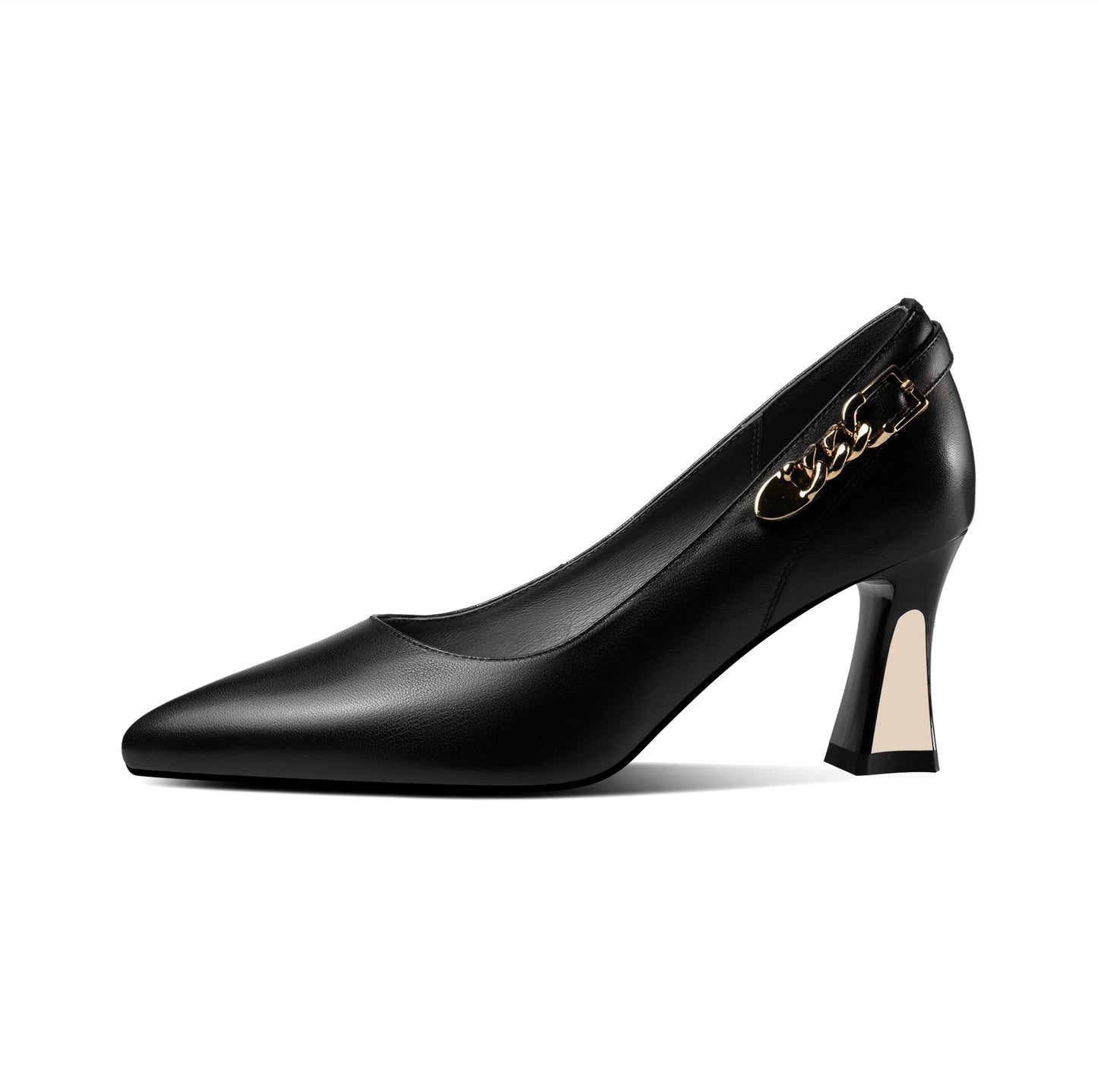 Nine Seven Genuine Leather Women's Handmade Pointed Toe Metal Chain Decor Mid Heel Pumps