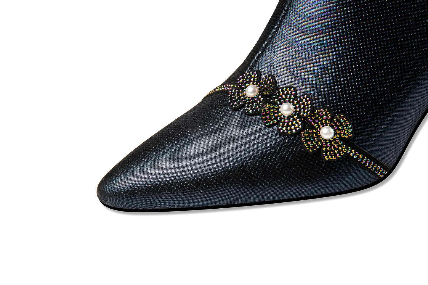 Nine Seven Handmade Women's Genuine Leather Rhinestones Pearls Flowers Side Zipper Pointed Toe Mid Spool Heel Pumps