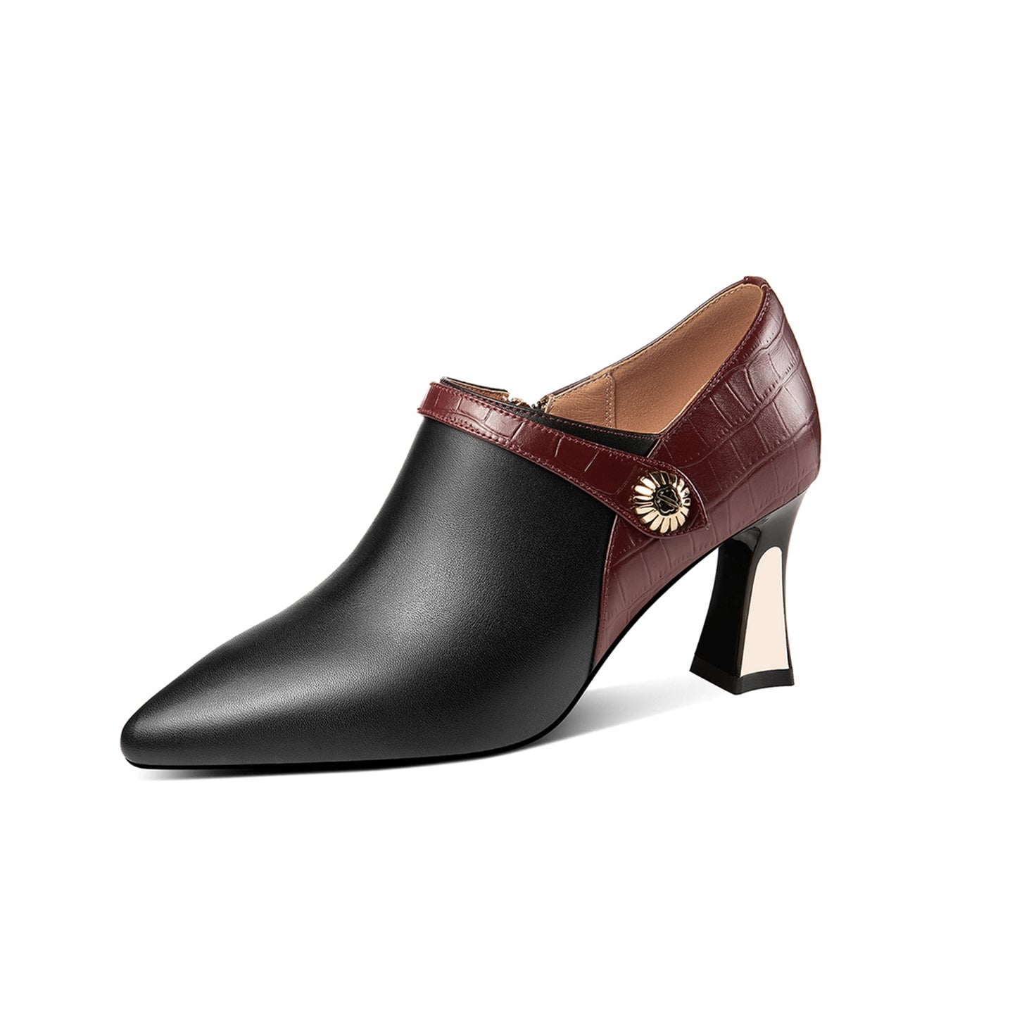 Nine Seven Handmade Women's Genuine Leather Stitching Color Side Zipper Pointed Toe Mid Spool Heel Pumps Shoes