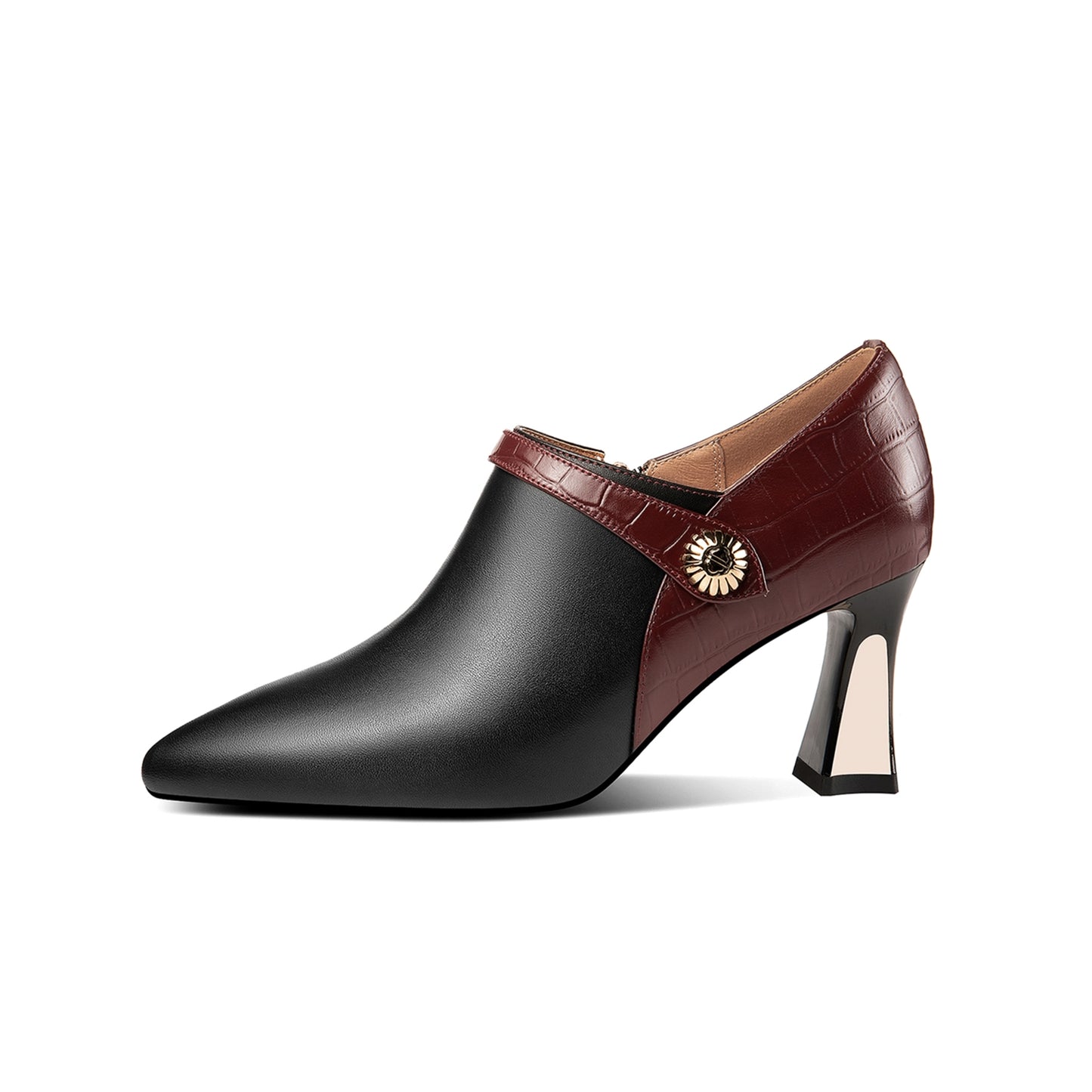Nine Seven Handmade Women's Genuine Leather Stitching Color Side Zipper Pointed Toe Mid Spool Heel Pumps Shoes