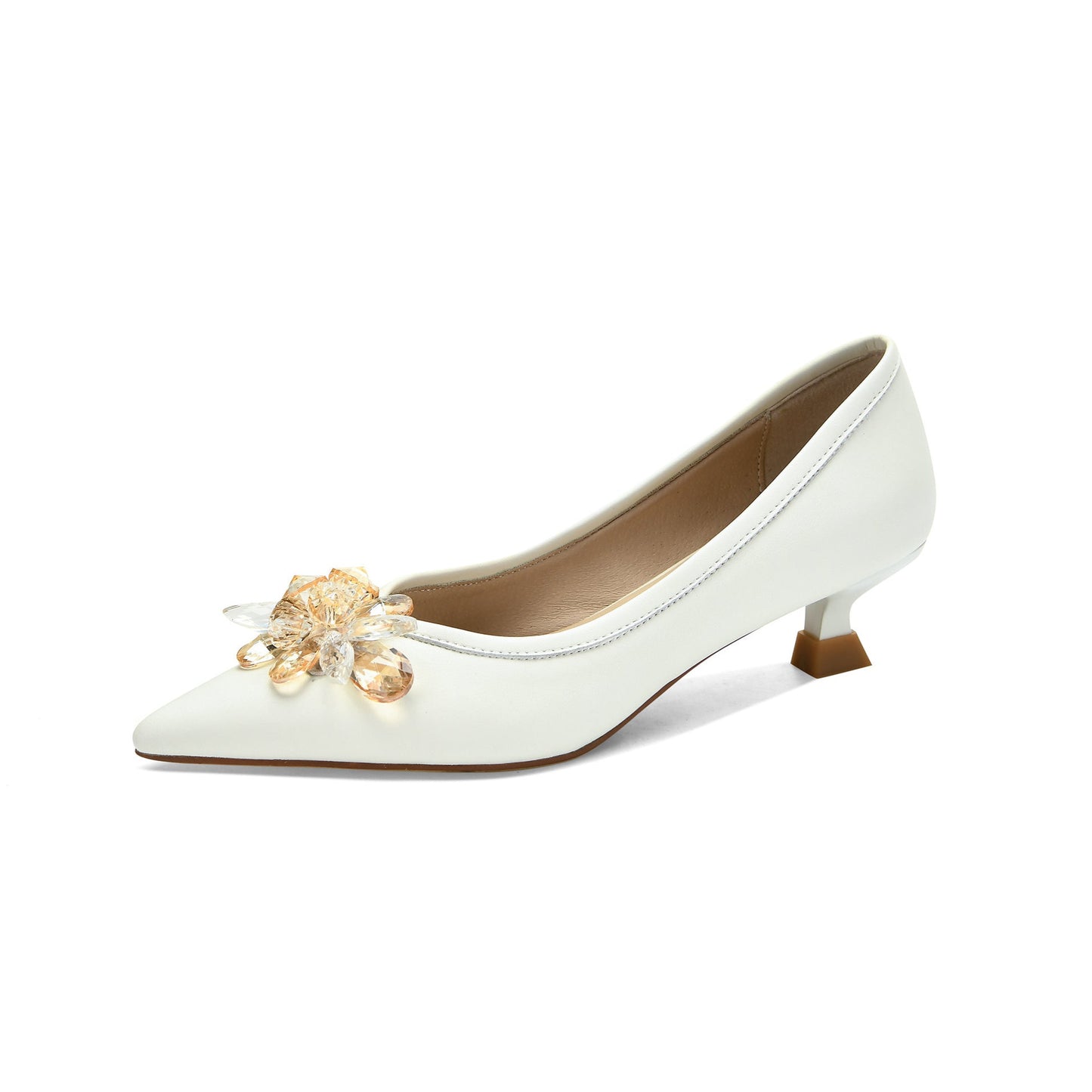 Nine Seven Genuine Leather Handmade Women's Crystal Flower Pointed Toe Slip On Kitten Heel Pumps Shoes