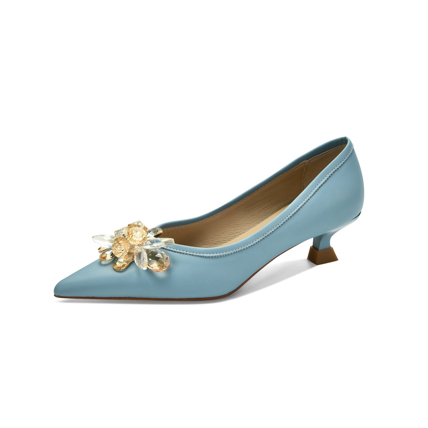 Nine Seven Genuine Leather Handmade Women's Crystal Flower Pointed Toe Slip On Kitten Heel Pumps Shoes