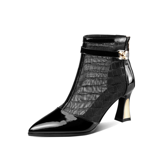 Nine Seven Women's Glossy Patent Leather Handmade Summer Mesh Mid Heel Back Zip Up Ankle Boots with Pointy Toe