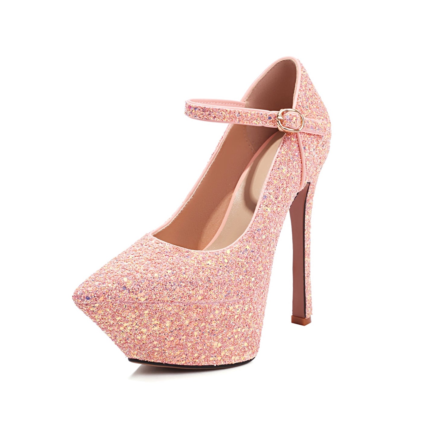 Nine Seven Sequins Pointed Toe Women's Handmade High Stiletto Heel Platform Modern Buckle Weeding Pumps Shoes