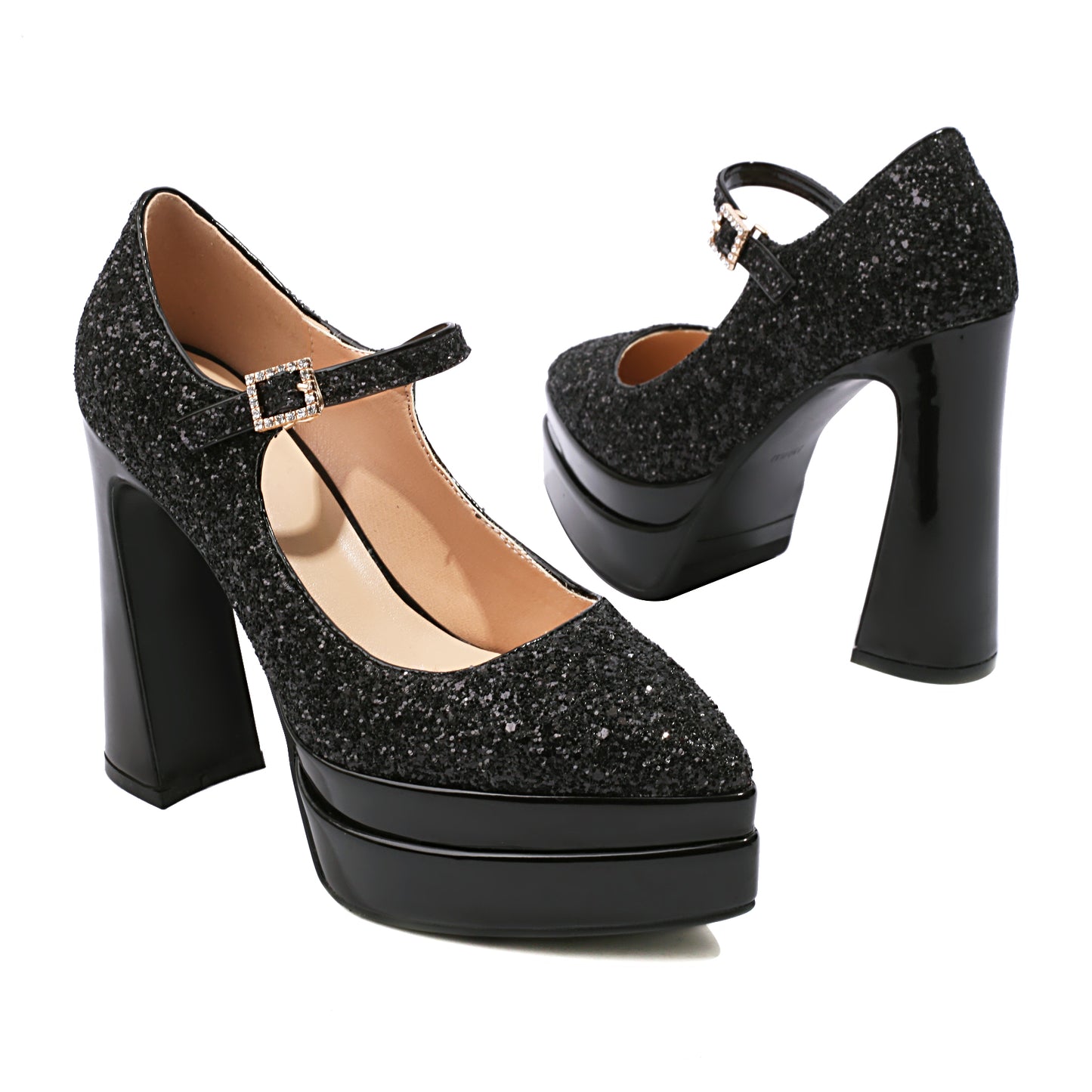 Leather Women's Handmade High Heel Platform Glitter Buckle Mary Jane Pumps Shoes
