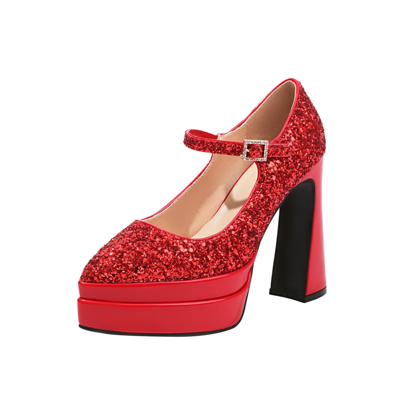 Leather Women's Handmade High Heel Platform Glitter Buckle Mary Jane Pumps Shoes