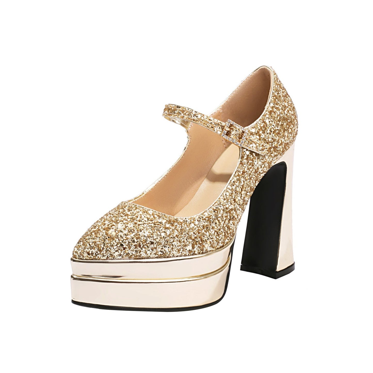 Leather Women's Handmade High Heel Platform Glitter Buckle Mary Jane Pumps Shoes