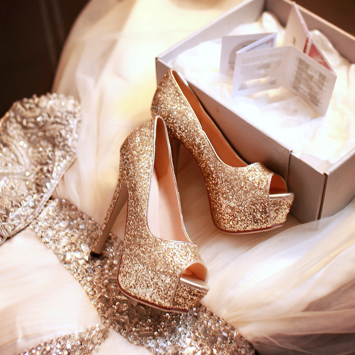 Nine Seven Glitter Sequins Platform Peep Toe Women's Handmade High Stiletto Heel Slip On Weeding Party Shoes