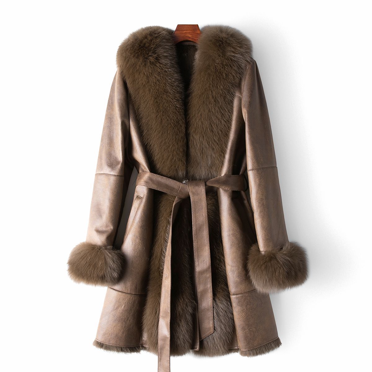 Nine Seven Fox Fur Collar Genuine Leather Rabbit Fur Women's Belt Overcoat Winter Long Coat Customization