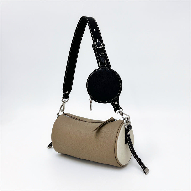 Nine Seven Genuine Leather Women's Handmade Over the Shoulder Bags Cylinder Shaped Zip Little Pocket Strap Decor