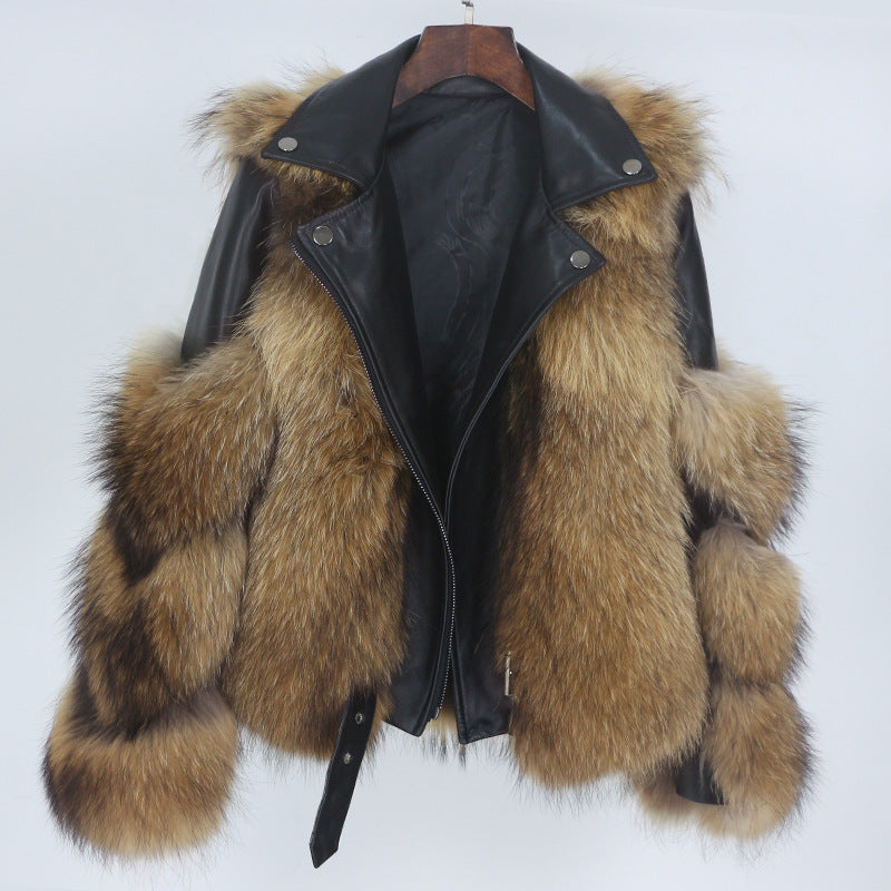 Nine Seven Fox or Raccoon Fur Women's Winter Genuine Leather Jacket Coat Customization