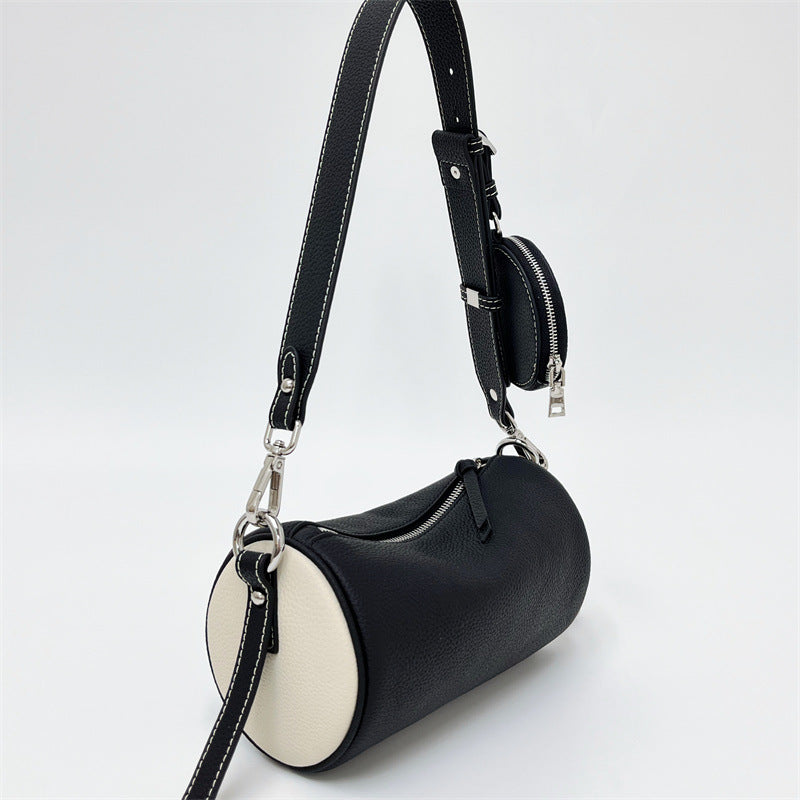 Nine Seven Genuine Leather Women's Handmade Over the Shoulder Bags Cylinder Shaped Zip Little Pocket Strap Decor