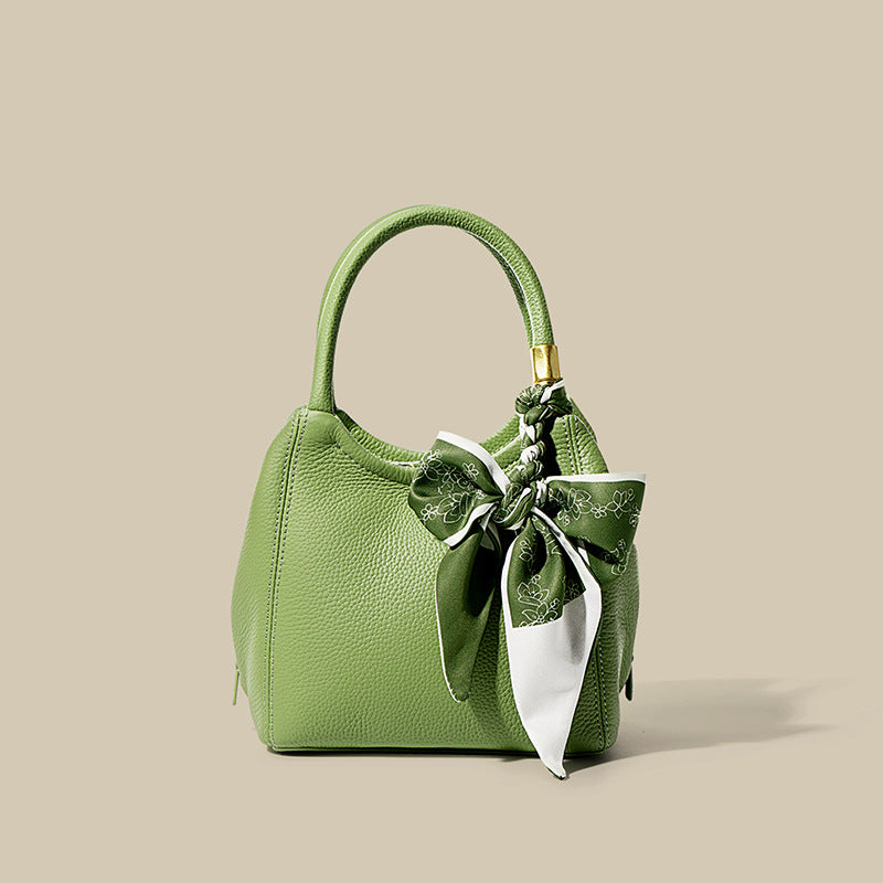 Nine Seven Crossbody Bucket Bag Women's Genuine Leather Handmade Zip Up Silk Scarf Decor Handbag Tote Shoulder Bags