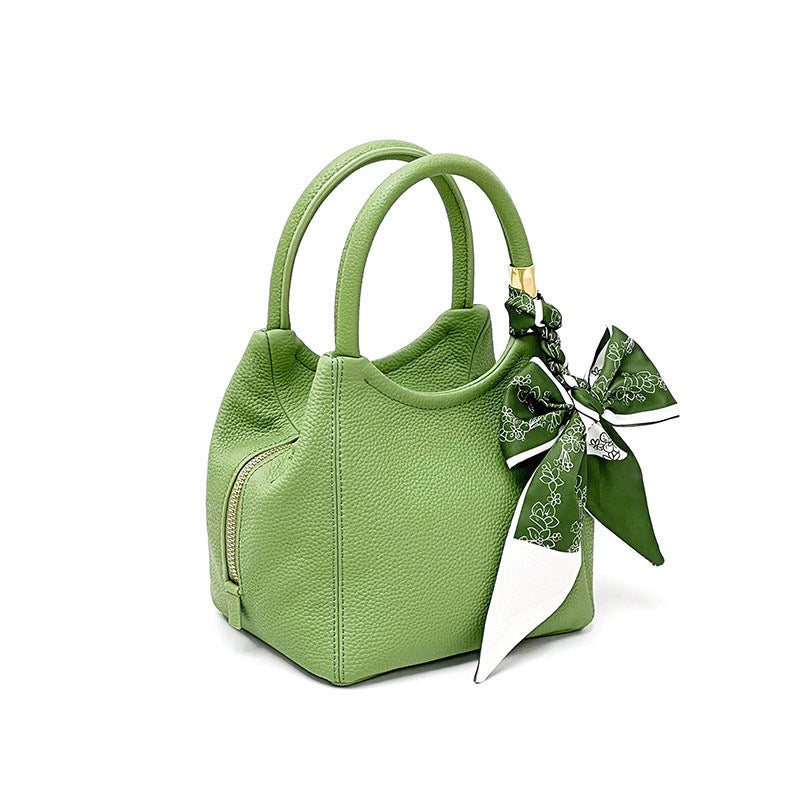 Nine Seven Crossbody Bucket Bag Women's Genuine Leather Handmade Zip Up Silk Scarf Decor Handbag Tote Shoulder Bags