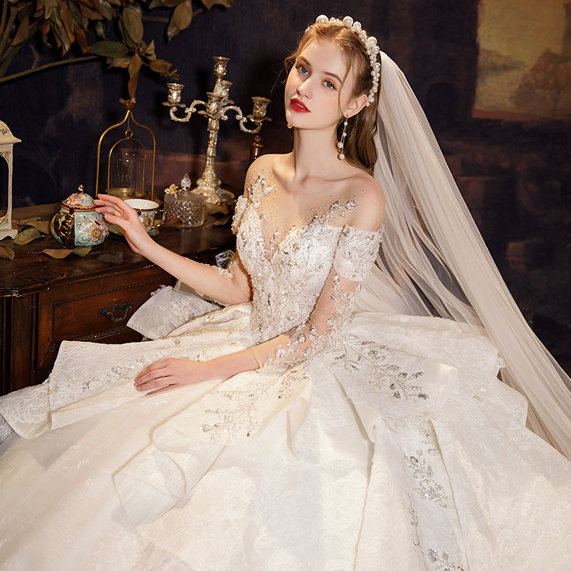 Nine Seven Floral Appliques V-Neck Off Shoulder Long Sleeves Ruffle Lace Up Cathedral Train Wedding Dress
