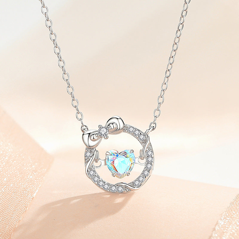 Women's Sweet Colorful Heart Pendant Necklaces S925 Sterling Silver Glitter Jewelry