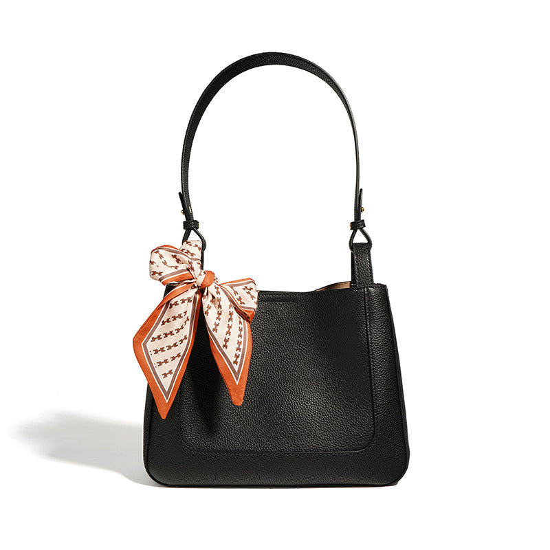 Nine Seven Shoulder Bag Genuine Leather Women's Handmade Silk Scarf Decor Inner Subbag Tote Handbag