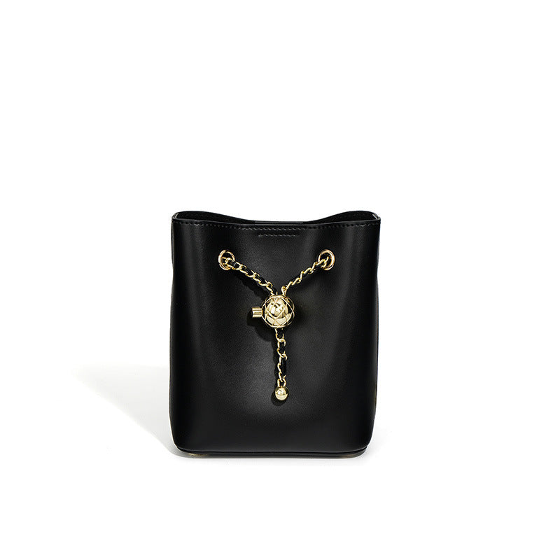 Nine Seven Genuine Leather Women's Handmade Mini Bucket Crossbody Shoulder Bag with Mental Ball Decor