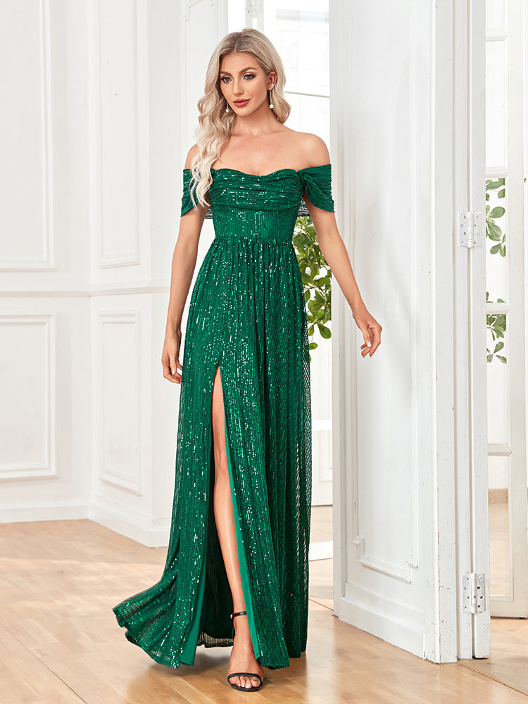 Nine Seven Women's Off Shoulder Sexy Split Evening Party A-Line Glitter Sequins Dresses