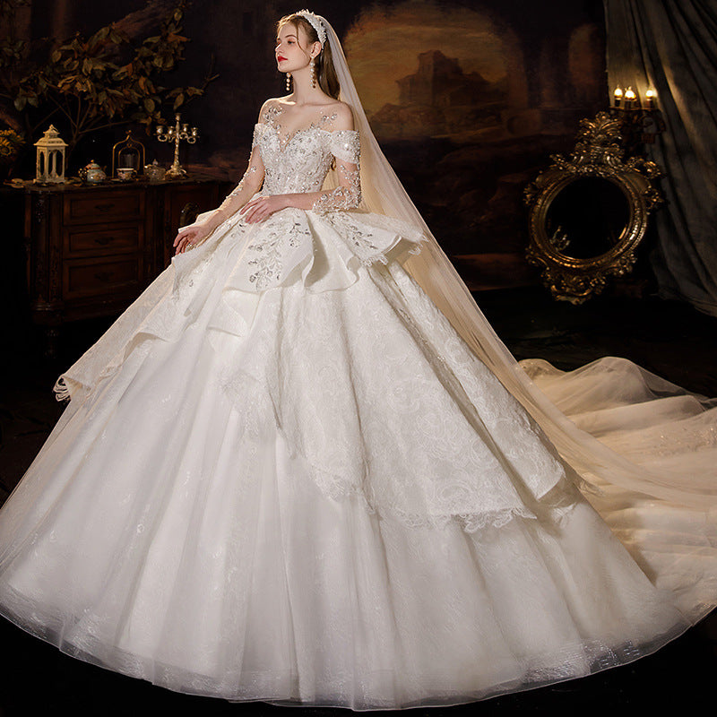 Nine Seven Floral Appliques V-Neck Off Shoulder Long Sleeves Ruffle Lace Up Cathedral Train Wedding Dress