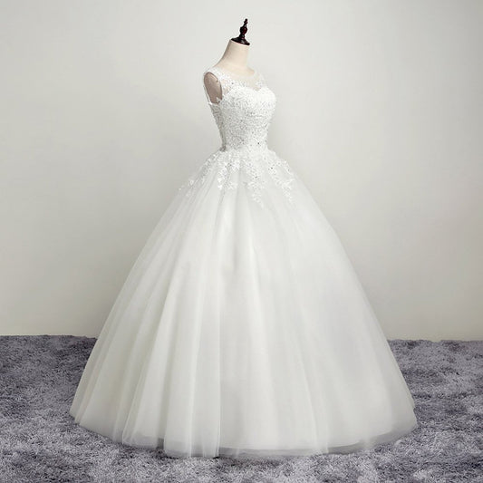 Nine Seven Appliques Round Neck Sleeveless Lace Up  Floor Train A-Line Wedding Dress