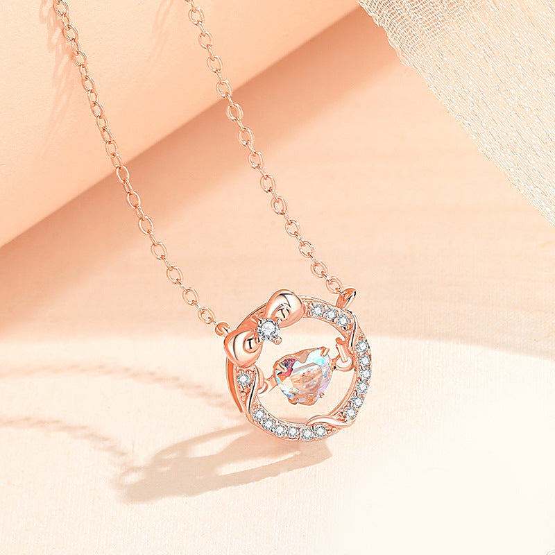 Women's Sweet Colorful Heart Pendant Necklaces S925 Sterling Silver Glitter Jewelry