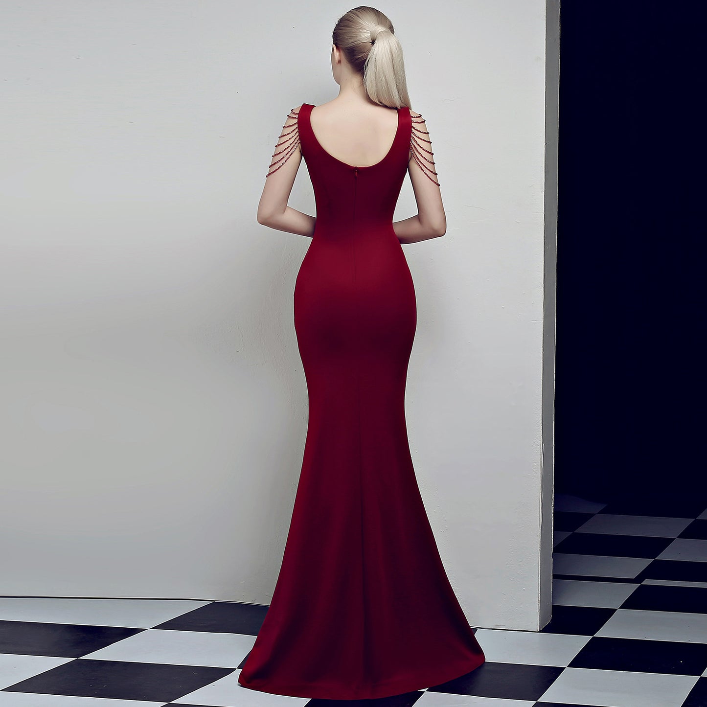 Nine Seven Women's Deep V Neck Back Zip Up Mermaid Sexy Side Split Evening Party Formal Ocassion Dress