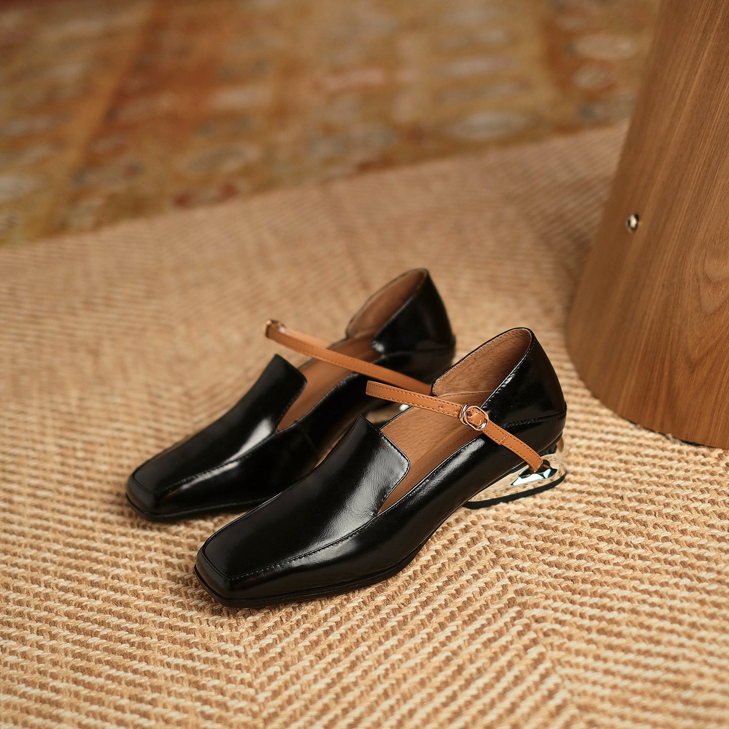 Nine Seven Women's Handmade Genuine Leather Square Toe Chunky Heel Classic Mary Jane Pumps