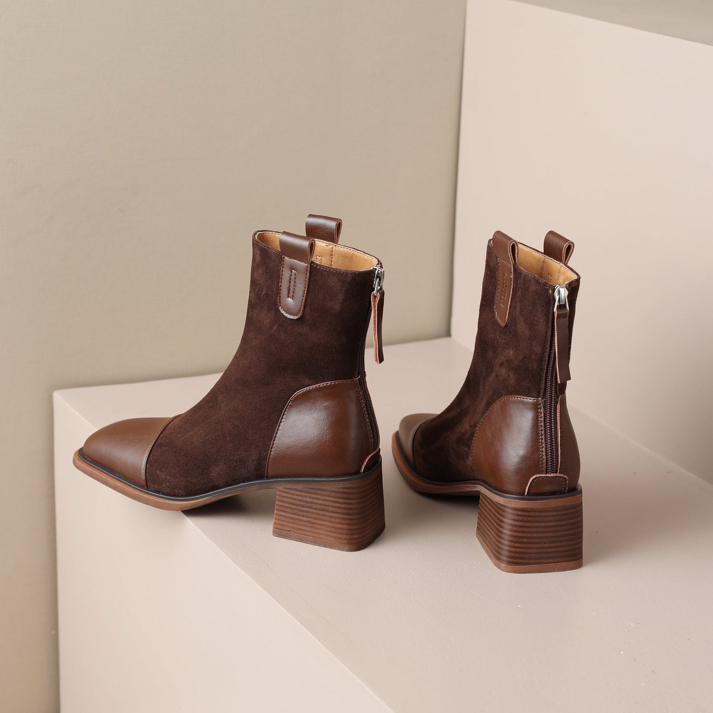 Nine Seven Handmade Women's Suede Leather Cap Toe Back Zip Mid Block Heel Charming Calf-High Boots