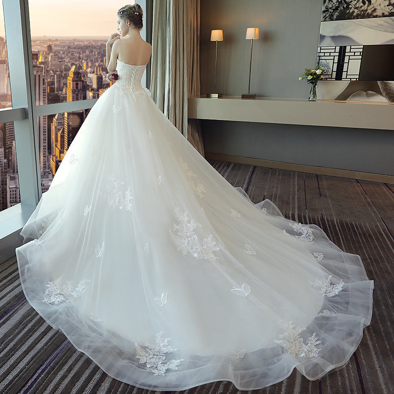 Nine Seven Appliques Pearl Decor Bridal White Dress Tube Top Lace Fairy Princess Lace Up Wedding Dress