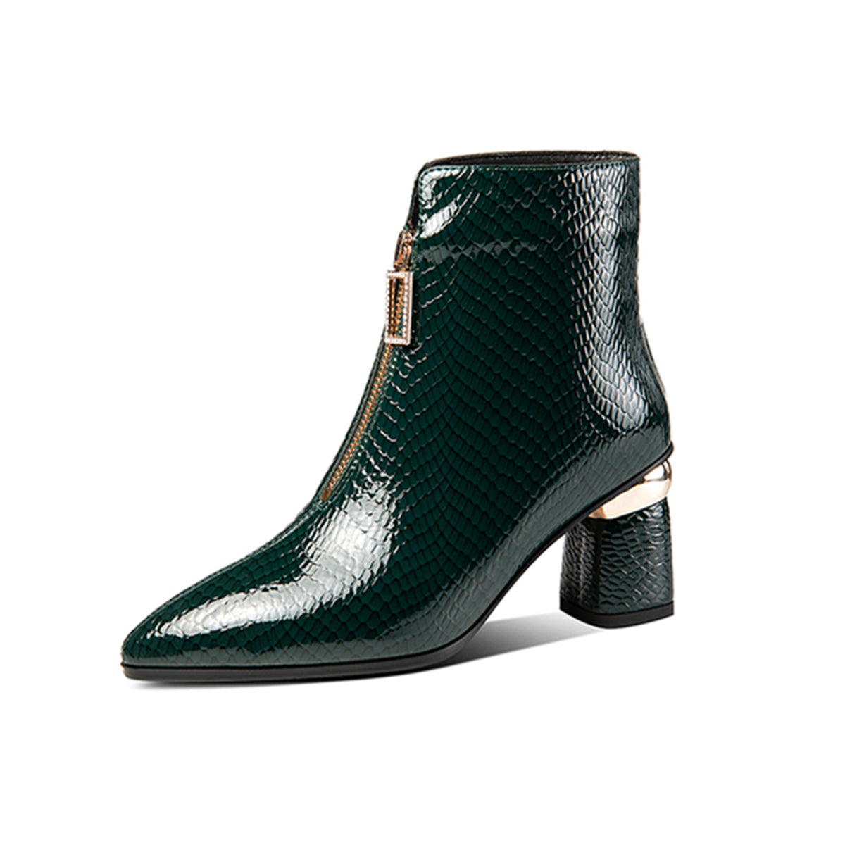 Nine Seven Patent Leather Women's Handmade Pointed Toe Chunky Heel Plus-Size Modern Front Zip Ankle Booties