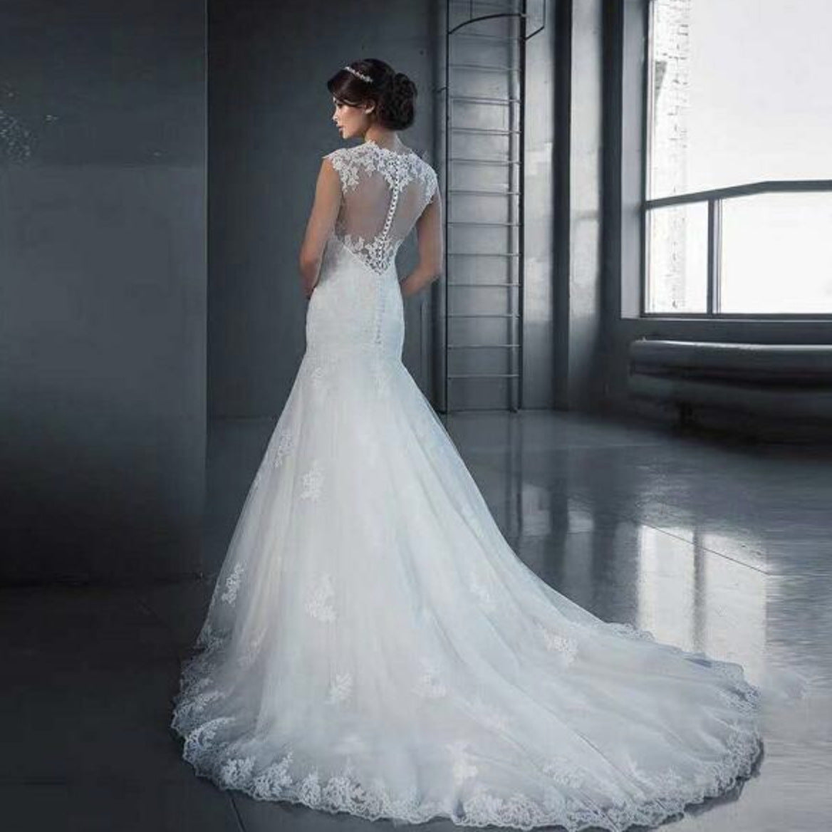 Nine Seven Mermaid Jewel Neck Court Train Appliques Sleeveless Wedding Dress